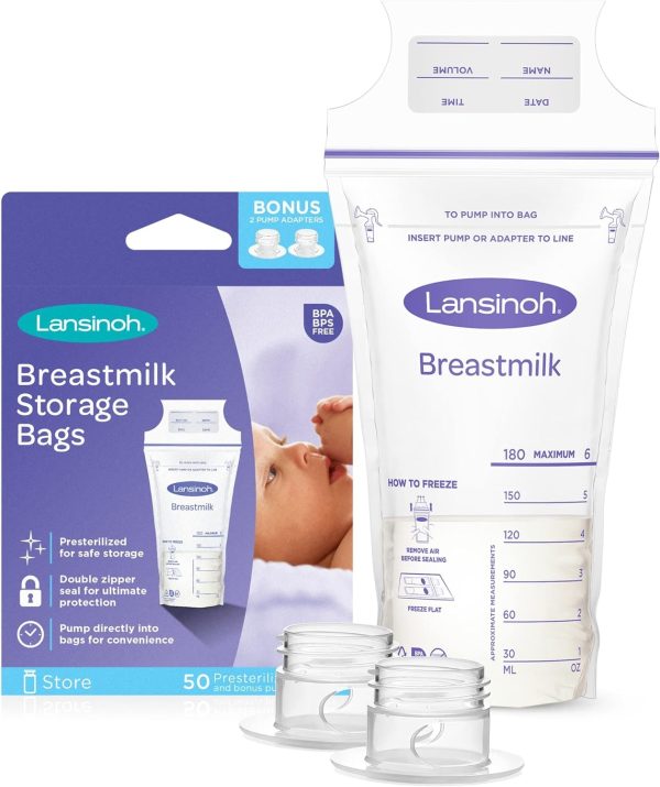 Lansinoh Breastmilk Storage Bags with Pump Adapters for Bags, 50 count