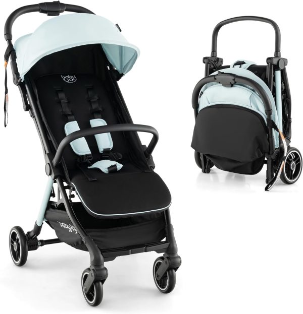 BABY JOY Lightweight Baby Stroller, Compact Travel Stroller for Airplane, Infant Toddler Stroller w/Adjustable Backrest & Canopy, Storage Basket, Self Standing Gravity Fold, Aluminium Frame (Black)
