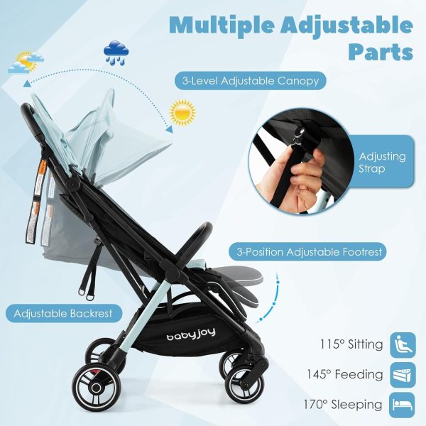 BABY JOY Lightweight Baby Stroller, Compact Travel Stroller for Airplane, Infant Toddler Stroller w/Adjustable Backrest & Canopy, Storage Basket, Self Standing Gravity Fold, Aluminium Frame (Black) - Image 3