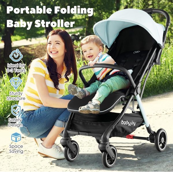 BABY JOY Lightweight Baby Stroller, Compact Travel Stroller for Airplane, Infant Toddler Stroller w/Adjustable Backrest & Canopy, Storage Basket, Self Standing Gravity Fold, Aluminium Frame (Black) - Image 5