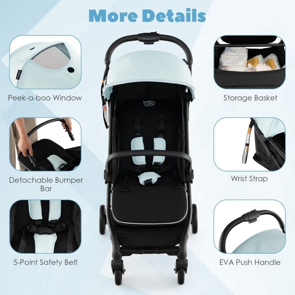 BABY JOY Lightweight Baby Stroller, Compact Travel Stroller for Airplane, Infant Toddler Stroller w/Adjustable Backrest & Canopy, Storage Basket, Self Standing Gravity Fold, Aluminium Frame (Black) - Image 7