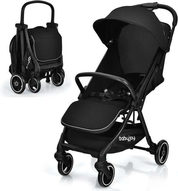 BABY JOY Lightweight Baby Stroller, Compact Travel Stroller for Airplane, Infant Toddler Stroller w/Adjustable Backrest & Canopy, Storage Basket, Self Standing Gravity Fold, Aluminium Frame (Black) - Image 10