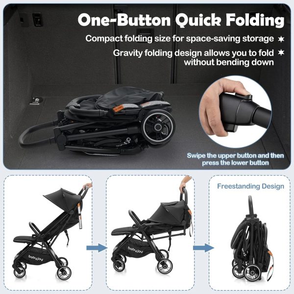 BABY JOY Lightweight Baby Stroller, Compact Travel Stroller for Airplane, Infant Toddler Stroller w/Adjustable Backrest & Canopy, Storage Basket, Self Standing Gravity Fold, Aluminium Frame (Black) - Image 11