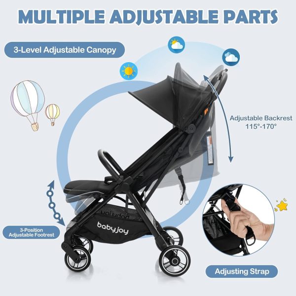 BABY JOY Lightweight Baby Stroller, Compact Travel Stroller for Airplane, Infant Toddler Stroller w/Adjustable Backrest & Canopy, Storage Basket, Self Standing Gravity Fold, Aluminium Frame (Black) - Image 12