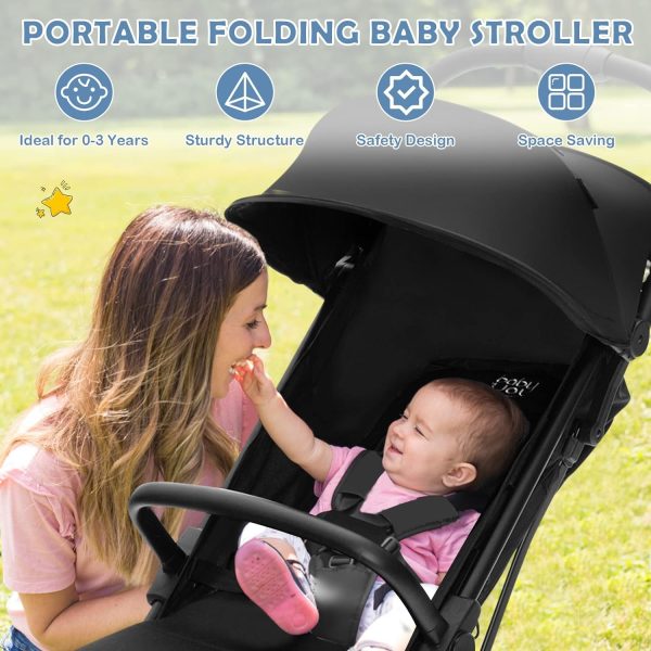 BABY JOY Lightweight Baby Stroller, Compact Travel Stroller for Airplane, Infant Toddler Stroller w/Adjustable Backrest & Canopy, Storage Basket, Self Standing Gravity Fold, Aluminium Frame (Black) - Image 13