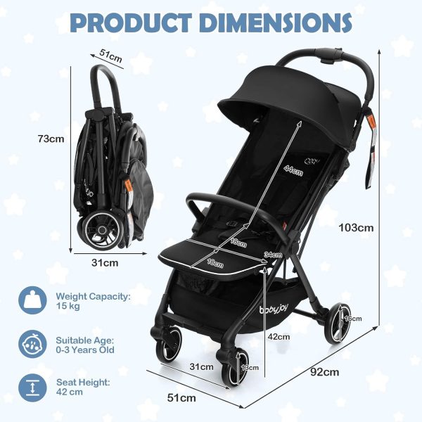BABY JOY Lightweight Baby Stroller, Compact Travel Stroller for Airplane, Infant Toddler Stroller w/Adjustable Backrest & Canopy, Storage Basket, Self Standing Gravity Fold, Aluminium Frame (Black) - Image 14