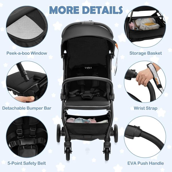 BABY JOY Lightweight Baby Stroller, Compact Travel Stroller for Airplane, Infant Toddler Stroller w/Adjustable Backrest & Canopy, Storage Basket, Self Standing Gravity Fold, Aluminium Frame (Black) - Image 17