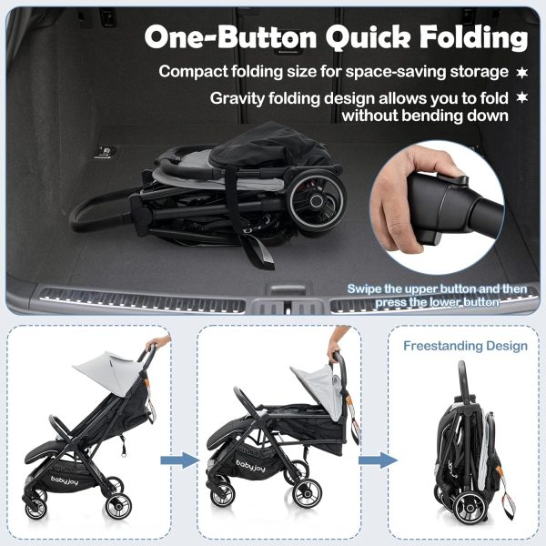 BABY JOY Lightweight Baby Stroller, Compact Travel Stroller for Airplane, Infant Toddler Stroller w/Adjustable Backrest & Canopy, Storage Basket, Self Standing Gravity Fold, Aluminium Frame (Black) - Image 20
