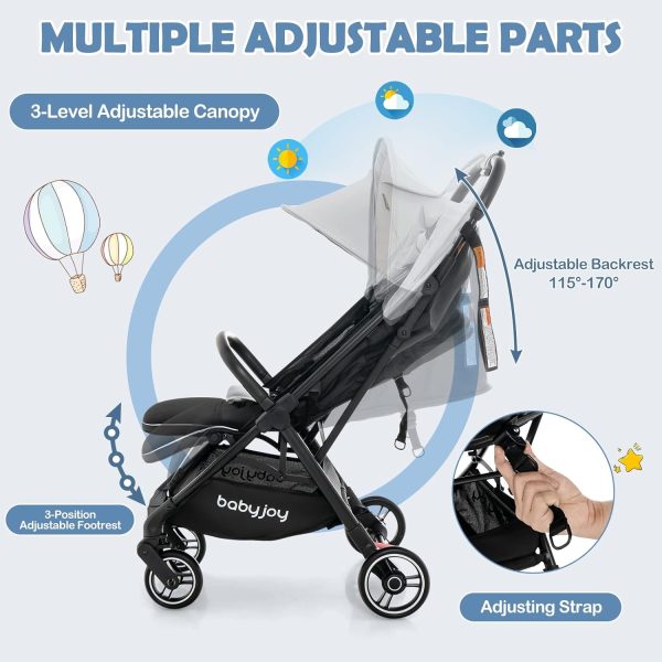 BABY JOY Lightweight Baby Stroller, Compact Travel Stroller for Airplane, Infant Toddler Stroller w/Adjustable Backrest & Canopy, Storage Basket, Self Standing Gravity Fold, Aluminium Frame (Black) - Image 21