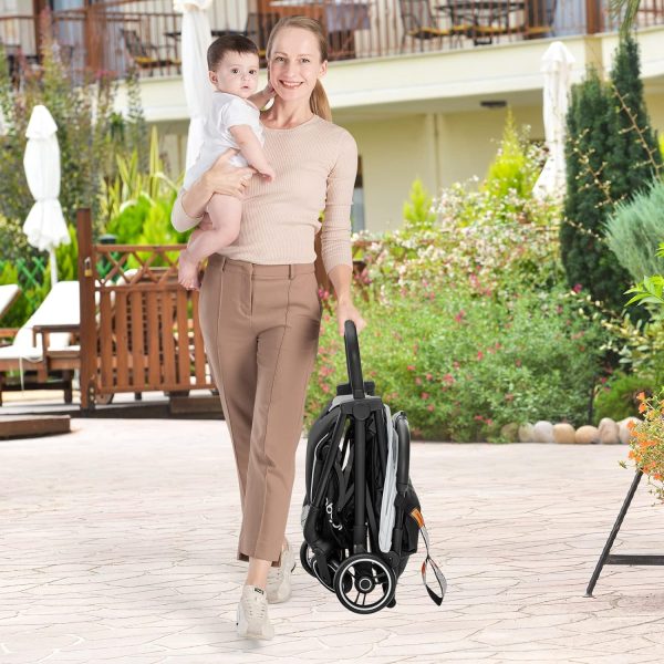 BABY JOY Lightweight Baby Stroller, Compact Travel Stroller for Airplane, Infant Toddler Stroller w/Adjustable Backrest & Canopy, Storage Basket, Self Standing Gravity Fold, Aluminium Frame (Black) - Image 27